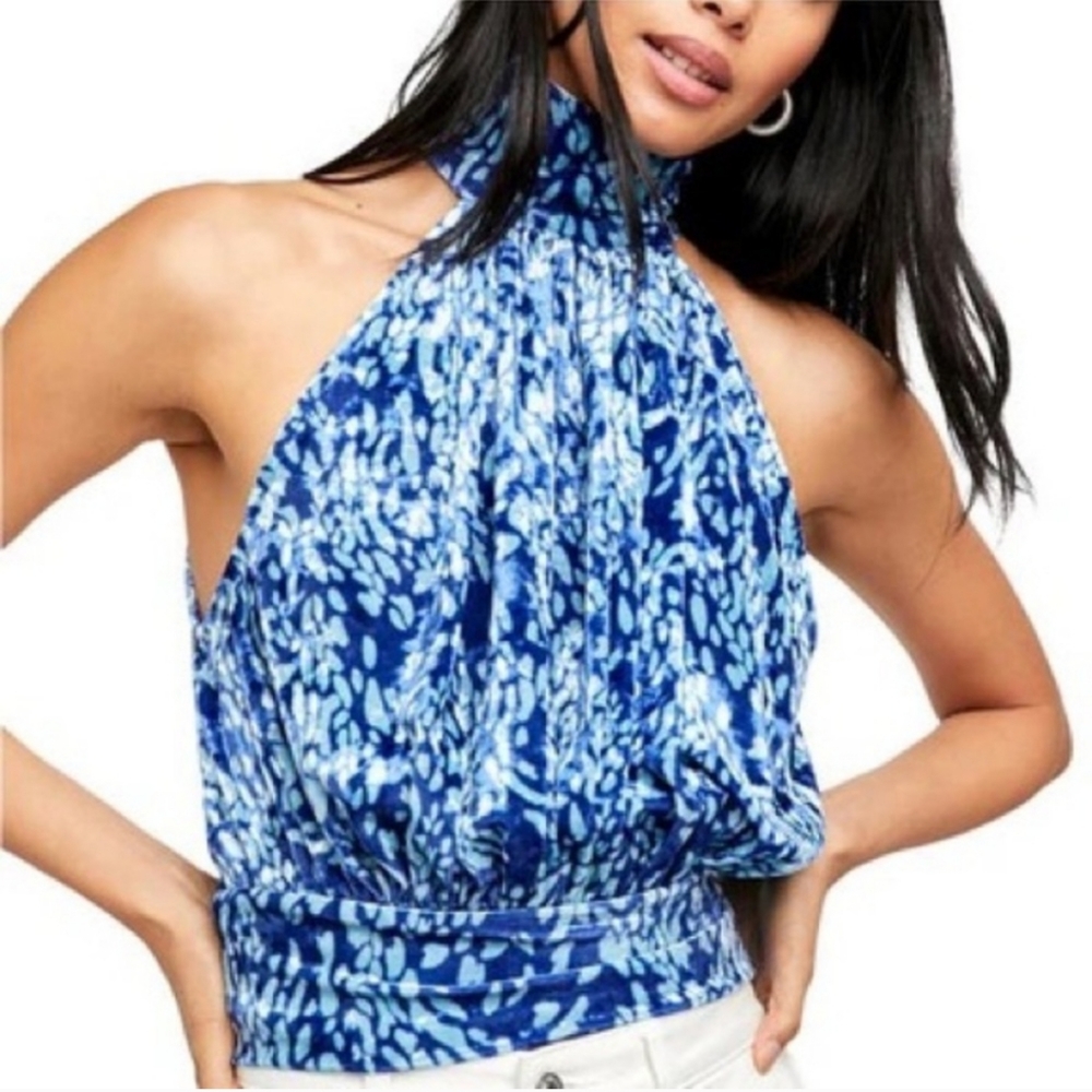 Free People take a break velvet halter top sz M blue combo